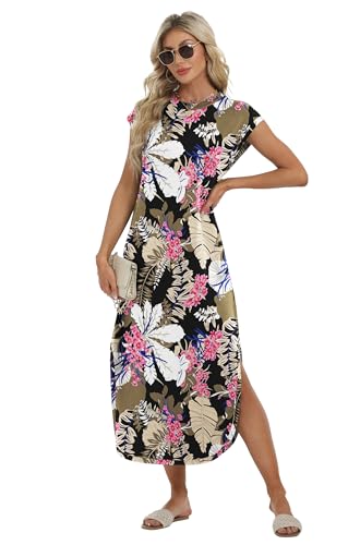 Image of HiMONE Beach Vacation Dresses for Women 2025 Sundress Cap Sleeves Casual Maxi Beach Dress with Pockets XS-2XL