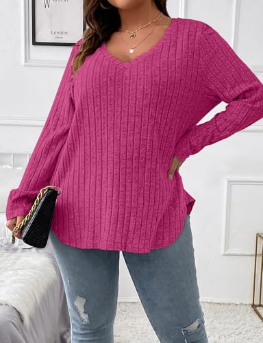 Image of Koscacy Women Plus Size Casual Knit Sweater V Neck Solid Color Tops Lightweight Long Sleeve Blouses
