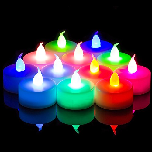 Conjunto de velas parpadeantes Babz® 12 unidades que cambian de color LED, funciona con pilas, parpadea como una vela real, funciona con pilas, velas sin llama, boda té luz