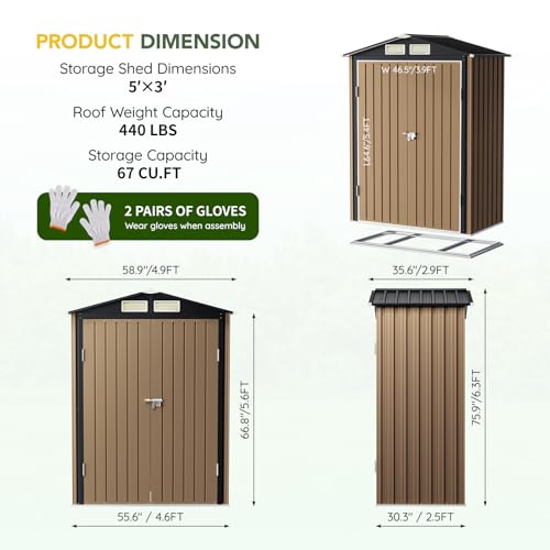 Image of 5x3FT Outdoor Steel Storage Shed with Floor Frame, Lockable Doors, Compact Metal Tool Shed for Garden, Backyard, Patio, Utility, and Bike Storage,Brown
