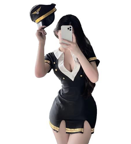 JasmyGirls Disfraces de Halloween para mujer, disfraz sexy de asistente de vuelo para mujer, trajes de cosplay de piloto para juegos de rol, lencería JasmyGirls Disfraces de Halloween para mujer, disfraz sexy de asistente de vuelo para mujer, trajes de cosplay de piloto para juegos de rol, lencería