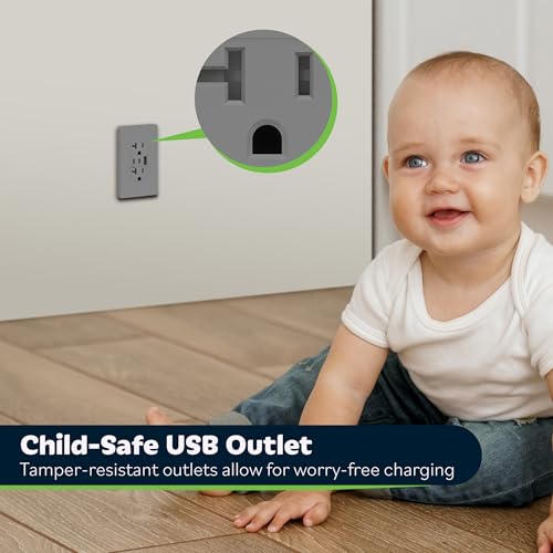 Image of TOPGREENER 4.2A 21W 3-Port Type C USB Outlet, 20 Amp Receptacle Plug, Charging Power Outlet with Dual Type C&A Ports, Screwless Wall Plate Included, UL Listed, TU22042AC2-GYSID, Gray, 2 Pack