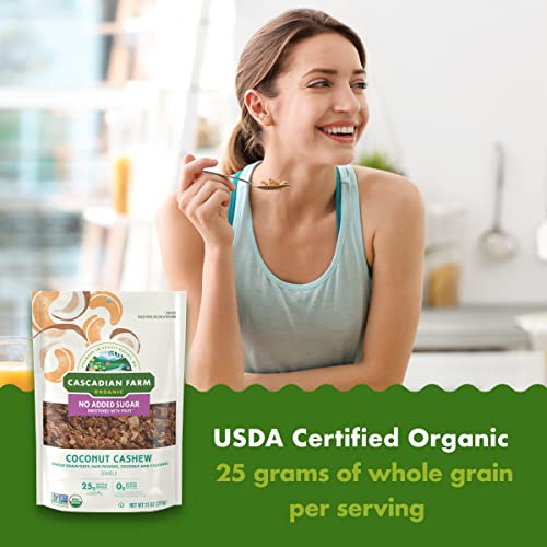 Image of Cascadian Farm Organic Granola with No Added Sugar, Coconut Cashew Cereal, Resealable Pouch, 11 oz. (Pack of 5)