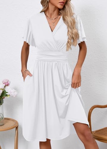Image of Women's Casual Summer Dress V Neck Short Sleeve Flowy Stretchy Comfort Fit for Daily Wear Work Midi Dresses