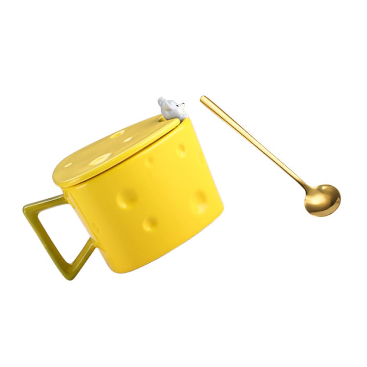 MAGICLULU Keramik Kaffeebecher mit Griff und Deckel Käseförmige Tasse aus Edelstahl und Keramik Leicht zu Reinigen für Frühstück und Balkon