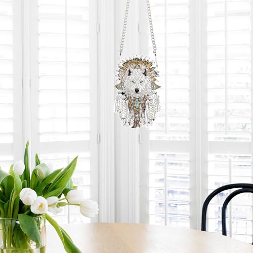 Image of AiYuanzsh White Wolf Diamond Painting Hanging Ornament - DIY 5D Crystal Art Kit with Feathers, Tribal Totem Style Diamond Art Pendant Ornament Wall or Window Decoration for Adults