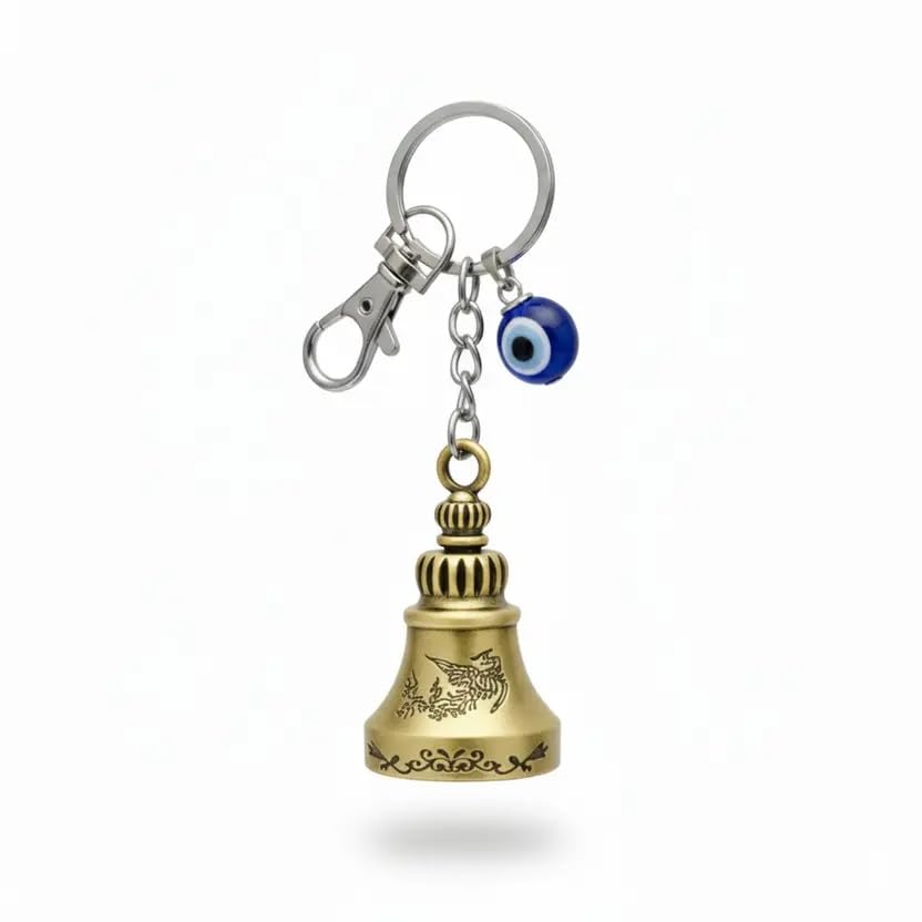 Image of Techpro Guardian Bell KeyChain Tibetan Key Chain Good Luck Key Chain For Bike (Golden Bell With Evil Eye)