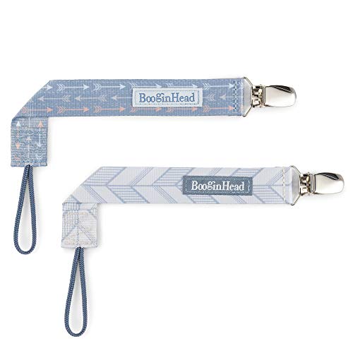 Image of BooginHead by Infantino PaciGrip 2-Pack Pacifier Clips – Universal Fit, Gentle on Clothes, Keeps Pacifiers Clean & Close, Ages 0-36 Months, Blue Arrows