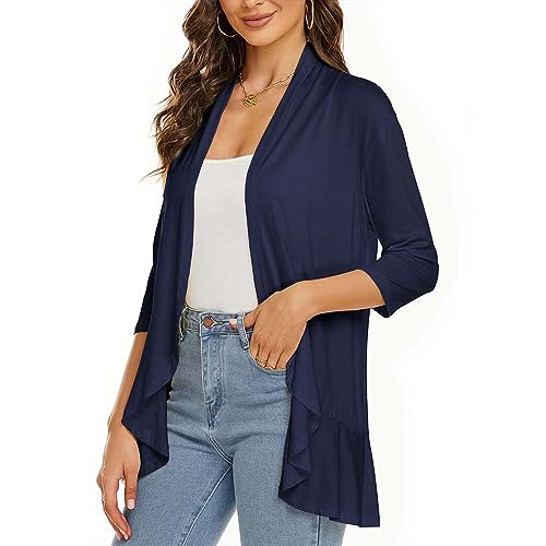 Image of Womens Lightweight Cardigan Open Front Cardigans Soft Draped Ruffles 3 /4 Sleeve Cardigan (S-3XL)