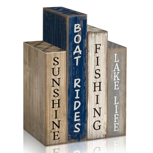Lineshading 4 Pcs Summer Lake House Decor Stacked Wooden Block Set with Lake Life Boat Rides Fishing Sunshine Blue White Summer Table Decor Wooden Book Signs for Fishing & Boating Lovers Gifts