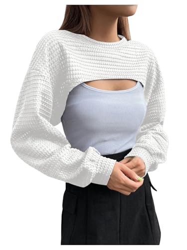 Verdusa Women's Crop Cover Up Long Sleeve Pointelle Knit Hollow Out Crochet See Through Knit Top Light White Medium
