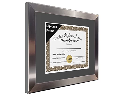 Creative Picture Frames 11” X 14” Stainless Steel Finish Diploma Frame With Black Mat To Hold 8.5 By 11-Inch Graduation Documents W/Stand And Wall Hanger #TOP2