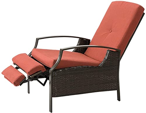 Alimorden Patio Wicker Adjustable Recliner Chair, Steel Frame Rattan Sofa With Thick Removable Cushion, Outdoor Relaxing Lounge Chair For Porch, Backyard, Garden, Water Resistant, Red #TOP26