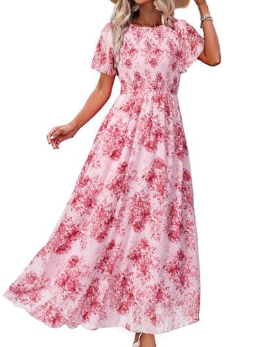 Image of Simplee Womens Casual Floral Summer Maxi Dress 2026 Boho Flowy Short Sleeve Crew Neck Vacation Smocked Chiffon Dresses