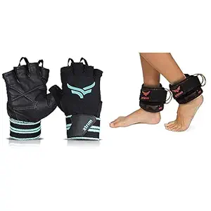 Macho Unisex Leather Gym Gloves (Black, Medium) Durafit Unisex Stylish Ankle Straps with Metal D-Rings for Cable Machine (Orange)