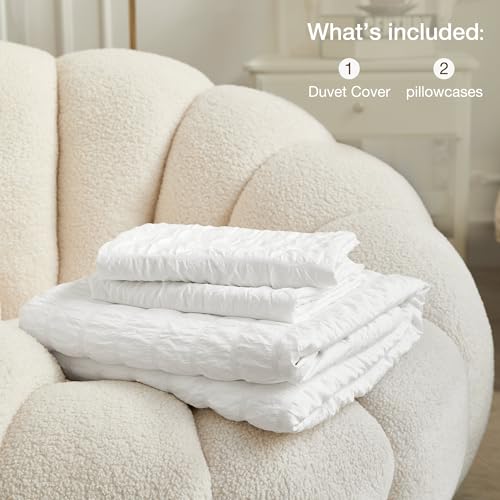 Image of JELLYMONI Bright White Duvet Cover Full Size, 3pcs Washed Microfiber Bedding Set, Soft Breathable Seersucker Duvet Cover Set with Zipper Closure and Corner Ties for All Seasons