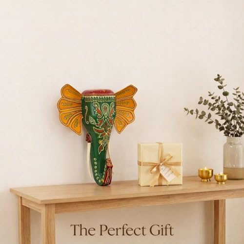 Image of ATRANGI STUDIO Handpainted Wooden Elephant Wall Decor | Ethnic Wooden Wall Art | Symbol of Strength & Wisdom | Wall Hanging for Home, Corridor & Balcony | Ready to Hang | 11 Inch, Green