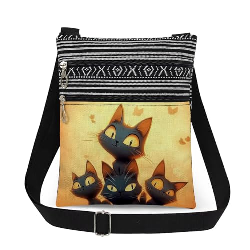 Funny Cats Print Crossbody Bag Adjustable Unisex Shoulder Bag with Zipper Birthday Gift for Cat Lovers Outdoor Travel Adults Messenger Bags