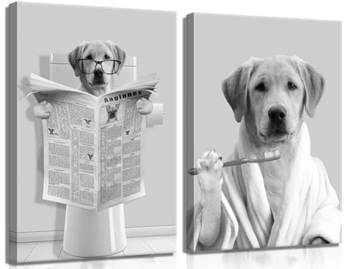 2Pcs Dog Bathroom Canvas Wall Art Funny Toilet Black And White An...