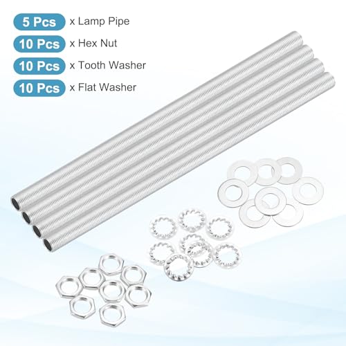 Image of MECCANIXITY 35Pcs 12.2 inch Lamp Pipe Nipples Kit with Hex Nuts Washers, M10 Fine Threaded Hollow Tube Repair Hardware Fasteners Assortment for Assembly Chandelier Ceiling Lamp DIY, Silver
