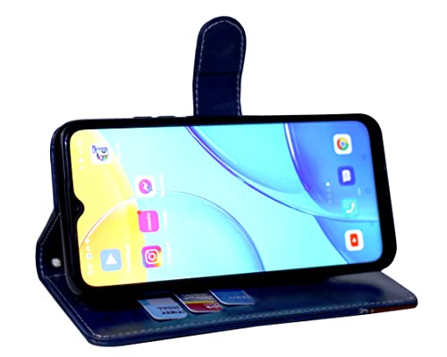 Image of Flip Back Cover Case Dual-Color Leather Finish Inbuilt Stand & Pockets Wallet Style Flip Case for Motorola Moto E13 - Blue & Brown