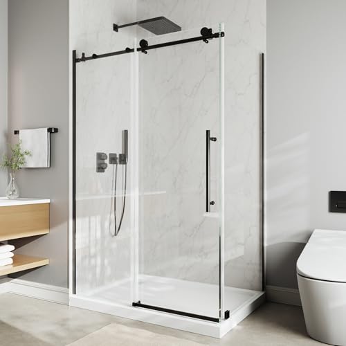ComfyStyle Frameless Corner Shower Enclosure 44-48" W x 32" D x 72" H, Matte Black Sliding Corner Glass Shower Door with 5/16"(8mm) Clear SGCC Tempered Glass, Leak-Proof, Easy Installation