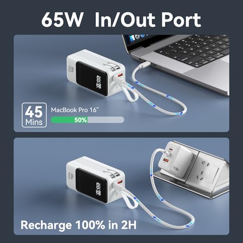 Fast Charging Power Bank 18400mAh 65W Portable Laptop Charger, LCD Display, Travel Essential Battery Pack with Built-in USB-C & Lightning Cables for iPhone 16/15/14/13/12 MacBook Samsung - image 3