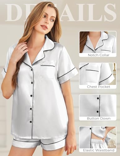 Image of Silk Pajamas for Women Short Sleeve Sleepwear Soft Button Down Loungewear 2 Piece Satin Pjs Shorts Set S-XXL