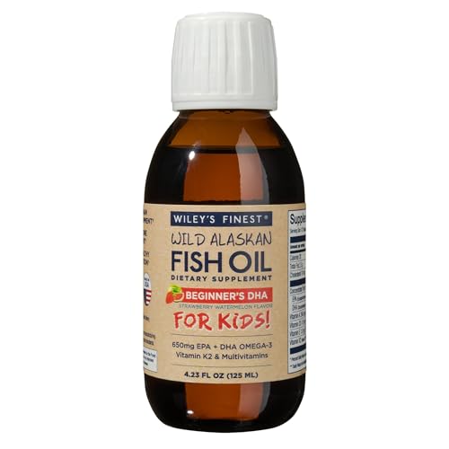 Image of Wiley's Finest Wild Alaskan Beginner’s DHA - Liquid Fish Oil Supplement for Kids Ages 1 and Up - 650mg of EPA and DHA Omega-3s - Strawberry Watermelon Flavor - 4.23 Oz (50 Servings)