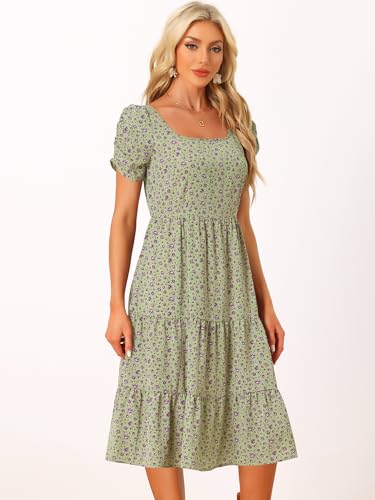 Image of Allegra K Women's Cottagecore Floral Dress Puff Sleeves Smocked Midi Dresses