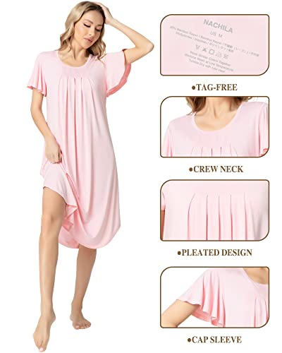 Image of NACHILA Bamboo Viscose Nightgown for Women Short Sleeve Crew Neck Sleepwear