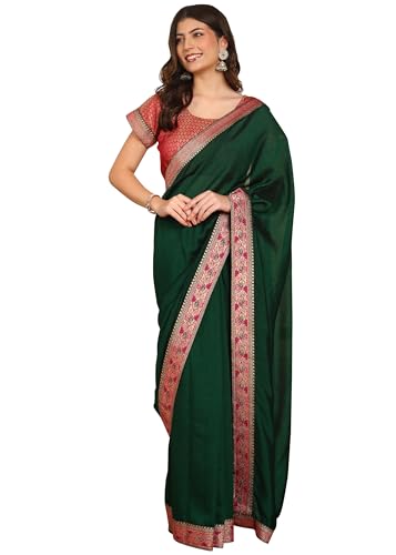 Elegant Womens Dupion Silk Saree with Beautiful Border & Unstitched Blouse Perfect for Weddings Festive Occasions & Celebrations (Green)