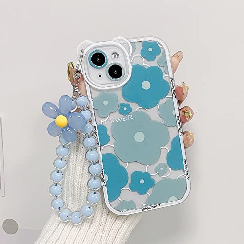 NITITOP Compatible for iPhone 13 Case Clear Floral Bear Camera Lens Case with Lovely Flower Bracelet Chain for Women Girls Soft TPU Shockproof Cover - Blue