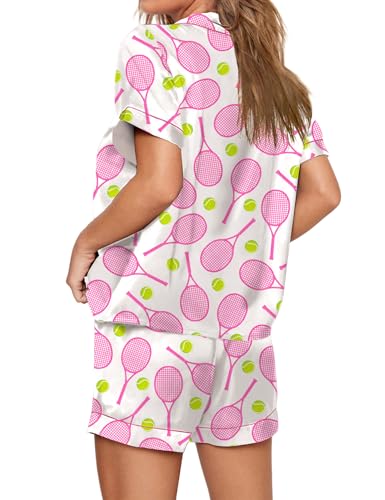 Image of SHESHOW Pajamas for Women Set Satin Button Down Short Sleeve Top and Shorts Pjs Sets Sport Ball Print Sleepwear XS-XXL