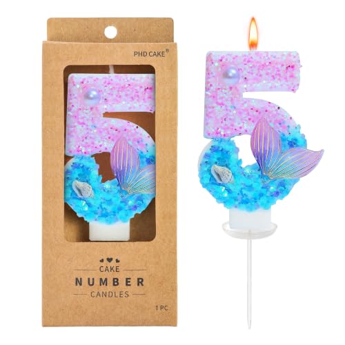 PHD CAKE 2.76 Inch Number 5 Pink Blue Mermaid Birthday Candles, Mermaid Themed Number Candles, Cake Number Candles, Party Celebration
