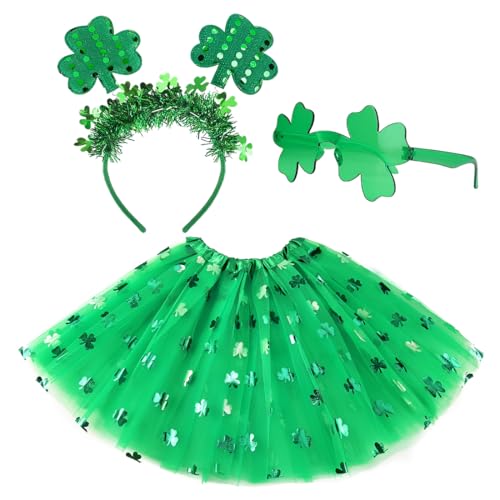 St.Patricks Day Parade Kostümzubehör-Set Kleeblatt Kostüm Beinhaltet Shamrock Green Tutu Tüllrock und Shamrock Stirnband Brille Tüllrock Mädchen für St.Patricks Day Dekoration Party Supplies