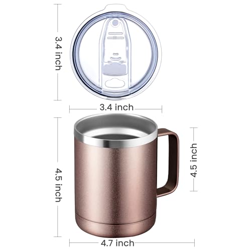 MEWAY 12oz Coffee Mug With Handle 2 Pack Bulk,Stainless Steel Insulated Travel Tumblers With Sliding Lid,Double Wall Vacuum Camping Cup for Hot & Cold Drinks Tea (Rose Gold,Set of 2)