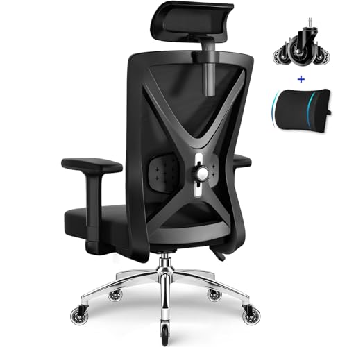 Daccormax Chaise de Bureau Ergonomique, Chaise Bureau avec Support Lombaire en Mousse Réglable, Fauteuil de Bureau Accoudoirs et Appui-tête Réglables, Siège 150kg, Basculement à 135°, Noir