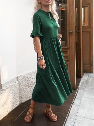 Image of Mieazom Short Sleeves Maxi Dress for Women A Line Summer Dress V Neck Casual Loose Tiered Long Dresses with Pockets