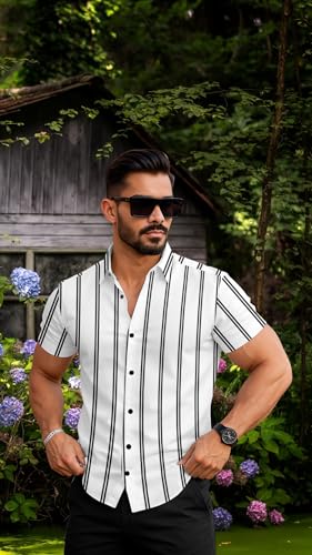 Image of Vertical Striped Short Sleeve Casual Shirt for Men, Stratchable 100% Spandex Material,Black and White