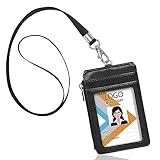 Badge Holder with Zipper, Arae PU Leather ID Badge Card Holder Wallet with [2 ID Window] Cash Pockets Credit Card Slots and Detachable Lanyard/Strap (Zipper-Vertical, Black)