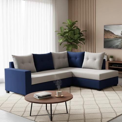 Image of SOCOZI Oriana 4 Seater RHS L Shape Sofa Set | Soft Velvet Suede Fabric | Modern Design | Plush Comfort Cushions for Living Room (Dark Blue-Light Grey)