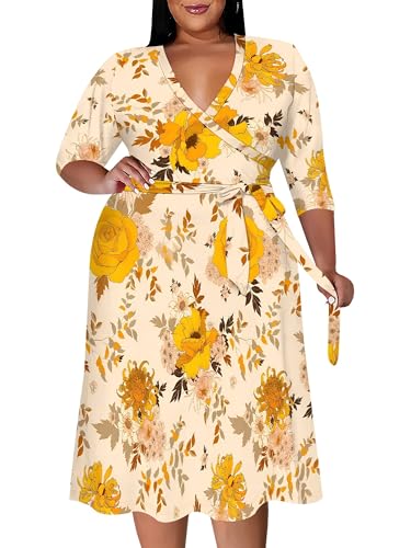 Image of PinkPatty Women's Plus Size Maxi Dress Print 3 /4 Sleeves V Neck Party Sundress Wedding Guest Dresses