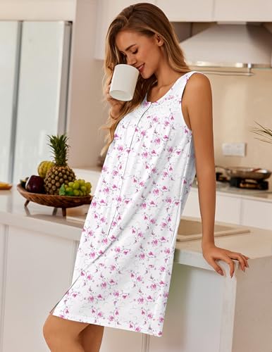 Image of Ekouaer Nightgowns for Women Button Up Sleepshirt Tank Sleeveless Nightshirt Soft Sleepwear with Pockets S-XXXL