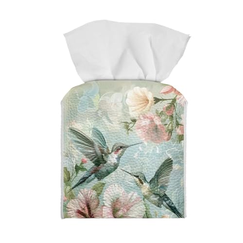 Eheartsgir Hummingbird Flowers Square Tissue Box Cover Pu Leather Tissue Holder Facial Paper Cover Waterproof Stain Resistant Toilet Paper Holder for Bathroom Bedroom Christmas Decor