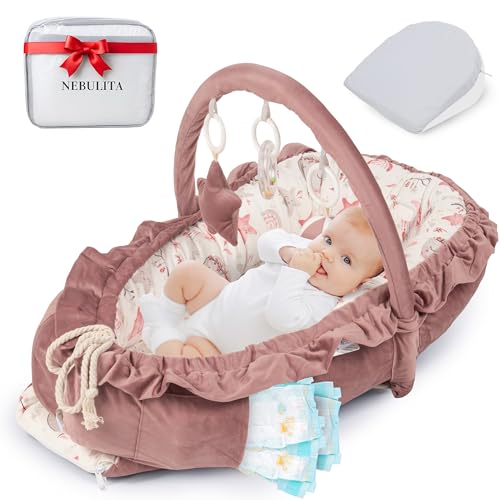 Image of Newborn Lounger Pink - Flexible & Portable w/Infant Support Cushion, Soft & Breathable 100% Cotton - Multi-Use Supervised Baby Lounger for Floor, Travel, Changing Mat Alternative - Premium