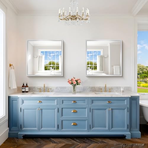 Image of 30 x 30 inch Brushed Silver Bathroom Mirror, Metal Framed Square Mirror, 0.6 inch Thickened Deep Frame Mirrors for Living Room Bedroom Entryway, Tempered Glass, Antirust, Horizontal or Vertical