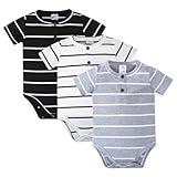 ROMPERINBOX Newborn Onsies Boy Girl 3 Pack Rib Knit Baby Bodysuit Solid Color with Pocket Short Sleeve Summer Baby Clothes (Black/White/Gray, 0-3 Months)
