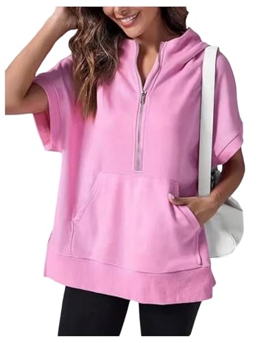 Verdusa Women's Oversized Half Zip Hoodies Short Sleeve Casual Sweater Hoodie Pullover Tops with Pockets