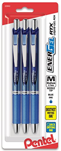 Pentel EnerGel Deluxe RTX Retractable Liquid Gel Pen, (0.7mm), Needle Tip, Blue Ink, 3 Pack (BLN77BP3C)